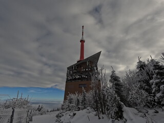 Lysa hora TV Tower and Transmitter in Snowy Winter Landscape Beskydy Mountains Czech Republic Telecommunication Station
