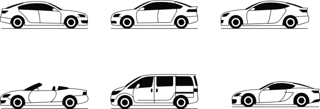 Hand-drawn car silhouette icons, sedan convertible minivan sports car, automotive vehicle body styles, transportation design illustration, black side profile concept
