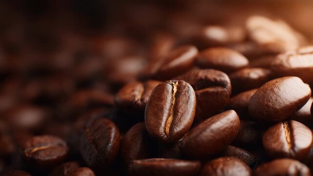 Extreme close-up of fresh coffee beans, tiny creases and oily surfaces visible, warm natural light highlighting textures, rich brown and golden hues, immersive macro composition, w