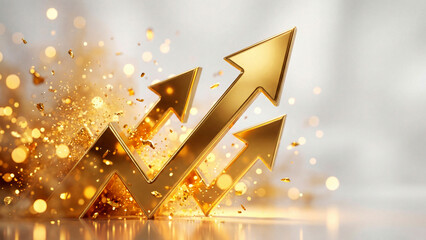 磨き上げられた金色の矢印が、光の粒子を浴びてきらきらと輝きながら上昇する様子を描いています。圧倒的な富と繁栄を象徴し、ビジネスの成功や投資による利益拡大を強く印象づけます。金融や経済の資料、豪華な広告に最適です。