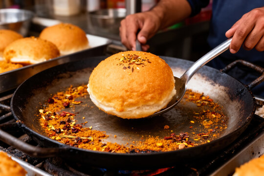 Chef flipping fluffy vada pav bun on seasoned iron tawa pan, capturing street food tradition and culinary artistry
