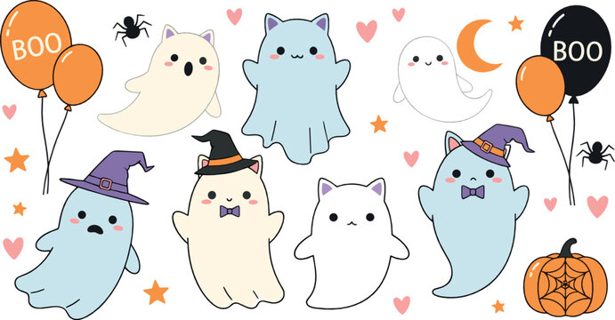 Cute Halloween ghost illustration set with friendly spooky characters, pumpkins, balloons, hats, hearts, and playful pastel elements for kids and nursery designs