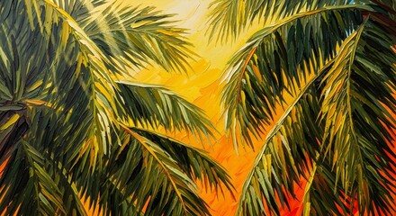 Fototapeta premium Palm fronds against a warm sunlight background tropical nature art