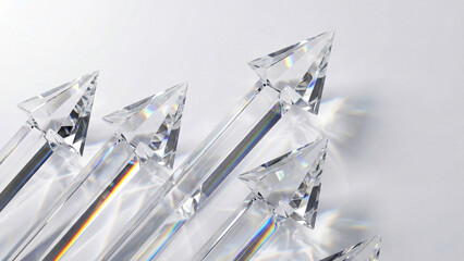 透明なクリスタルの矢印が光を反射してきらきらと輝き、右肩上がりの成長と未来への希望を表現しています。ビジネスの成功や飛躍をイメージさせ、洗練された印象を与えます。企業のビジョン提示やプレゼン資料、金融系の広告に最適です。