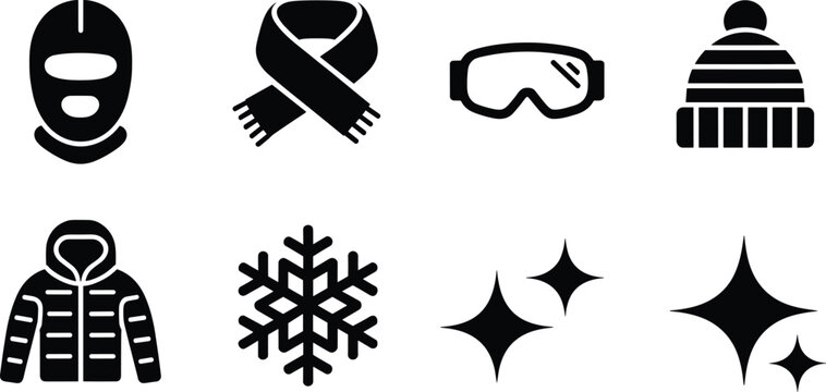 Hand-drawn winter clothing and snow icons, balaclava scarf ski goggles beanie hat, jacket snowflake sparkle symbols, cold weather seasonal illustration concept
