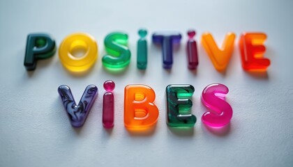 Fototapeta premium Colorful letters spell out POSITIVE VIBES against a light background. Shiny alphabet shapes create a fun, cheerful message for positive affirmations, motivation, and good feelings.