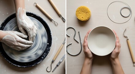 Fototapeta premium Pottery making process with hands and ceramic tools on a table