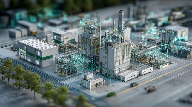 Sustainable industrial technology concept with modern smart factory and digital twin wireframe interface, renewable energy and green manufacturing transition