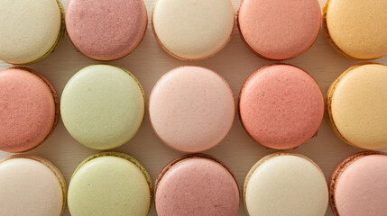 Obraz premium Elegant Colorful French Macarons Flat Lay – Pastel Gourmet Desserts on Light Wooden Table with Minimal