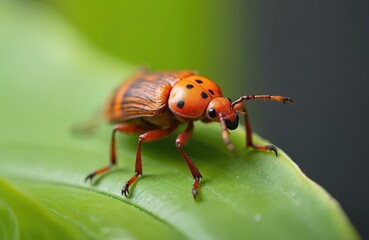 Orange with black spots and stripes crawls on green leaf. Tiny insect has long antennae and thin legs. Macro shot shows detail of bug in natural habitat. Wildlife close-up.