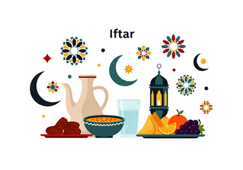 Flat design illustration vector of a Ramadan iftar table setting with traditional food and decorations, featuring a lantern, crescent moons, and colorful patterns on a clean white © denigraphic