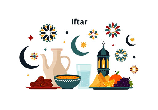Flat design illustration vector of a Ramadan iftar table setting with traditional food and decorations, featuring a lantern, crescent moons, and colorful patterns on a clean white
