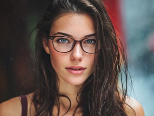 Obraz premium A portrait of a young woman with wet. Rainy Day Portrait: Wet Hair Gentle Glasses