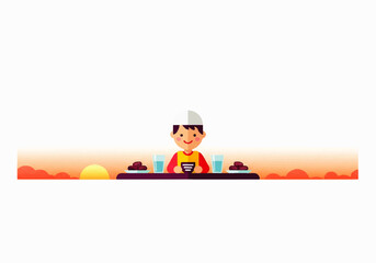 Flat design illustration vector of a cheerful chef presenting food at a restaurant during sunset with a colorful and vibrant mood.