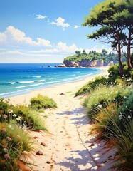 Sunny beach scene with path leading to ocean, blue skies, and green foliage