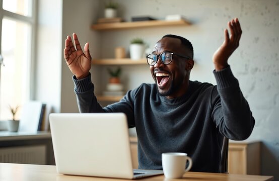 Excited African man in glasses raises hands up, celebrating good news or deal while looking at laptop screen. He cheers with triumph and joy in a modern home office setting.