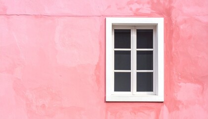 Pink wall with six-pane white window frame.