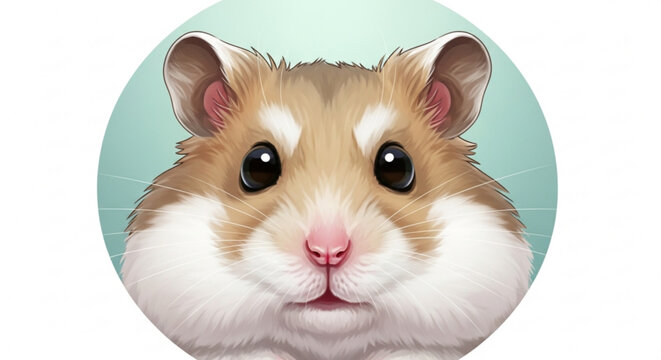 Cute Hamster Face Close-up on Blue Background, Isolated, Digital Art