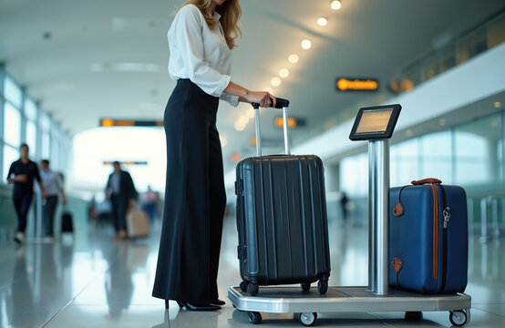 Elegant woman at airport checks suitcase weight on scale. She prepares for flight ensuring luggage adheres to airline limits, avoiding extra fees.