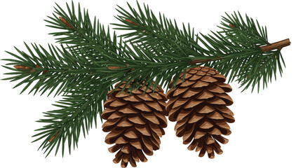 Realistic pine branch with two brown pinecones isolated on white background evergreen botanical winter illustration