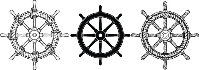 Wooden ship wheel nautical steering helm vector set, vintage maritime navigation symbols with rope and anchor elements isolated on white, © Liza