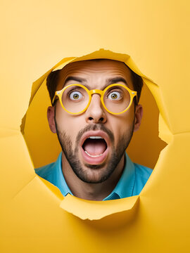 Astonished unshaven man gazes through hole in yellow paper, wears round spectacles, opens mouth with surprisement, copy space to insert text or slogan. Effect of torn paper. Discount and sale