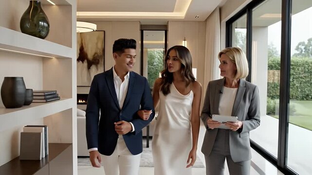 Elegant Couple Tours Modern House with Realtor in Light Gray Interior with Large Windows and Fireplace in Background