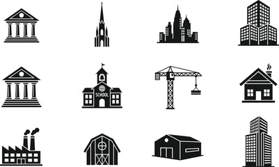 Black building icon set featuring courthouse church skyline school crane house factory barn warehouse isolated flat vector illustration © MdMosraful