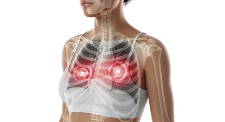 Woman's torso with visible skeleton and highlighted lungs.