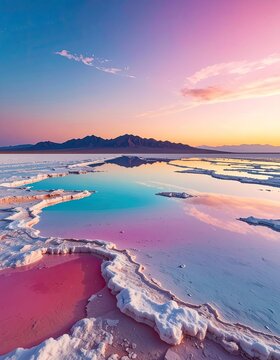 Vivid pink and turquoise salt lake reflects a pastel sunset over distant mountains.