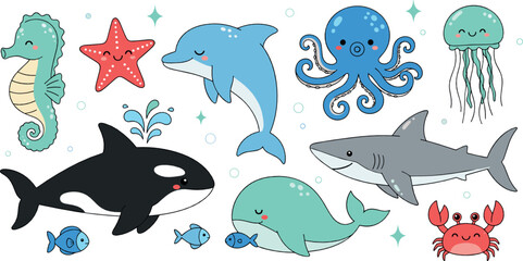 Cute marine animals cartoon set with whale dolphin shark octopus seahorse and starfish playful ocean vector illustration for kids and nursery designs © MdNazmul