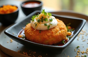 Crispy fried kachori served with creamy yogurt sauce and fresh parsley garnish. Savory stuffed pastry dish with tangy tamarind sauce base. Indian street food snack, perfect for lunch or dinner.