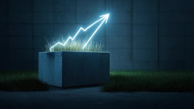 Neon arrow rising over a concrete planter with grass against a concrete wall. Dark, cool tones