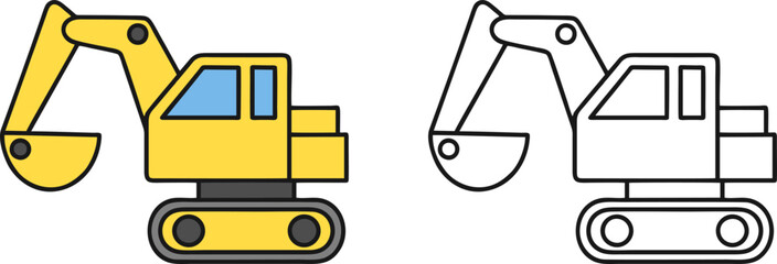 Excavator construction vehicle icon in yellow and blue