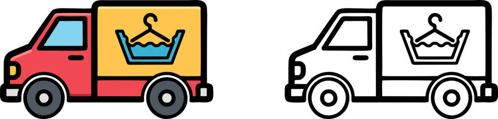 Laundry delivery truck icon with washing basket symbol