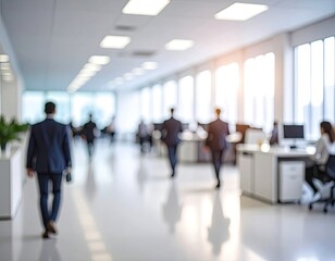Obraz premium Blurred image depicting business professionals walking through a modern, brightly lit office corridor.