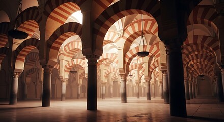 Obraz premium Interior of a historic mosque with red and white striped arches and columns natural light empty space architectural details ancient islamic architecture