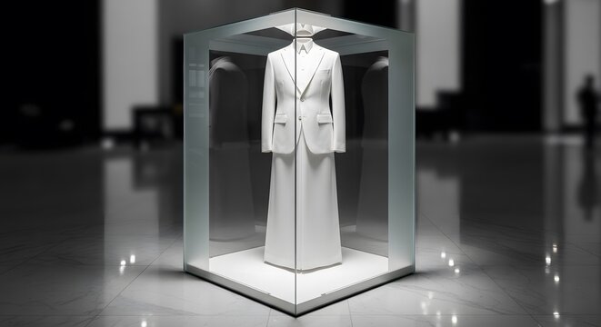 Minimalist white Jubba with hidden buttons and a sharp, tailored silhouette. The garment is housed inside a frosted-edge glass display case standing on a polished marble floor