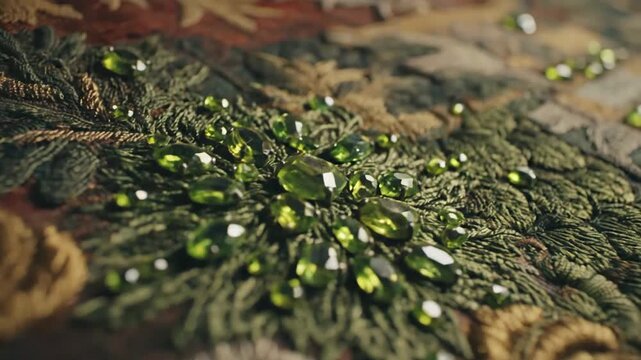 Ornate Green Gem Embellishments on Vintage Tapestry Fabric
