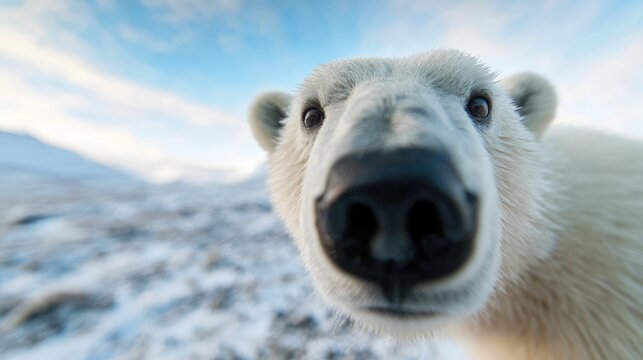 Extreme close up of polar bear nose in snowy arctic environment