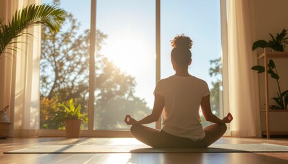 Woman Meditating by Window at Sunrise
