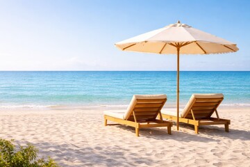 Fototapeta premium Tropical Beach with Sunbeds and Umbrella on Sandy Shore Summer Vacation Destination