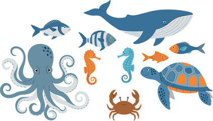 Cute marine animals illustration set with whale, octopus, turtle, seahorse, crab, and colorful fish for ocean and sea life designs