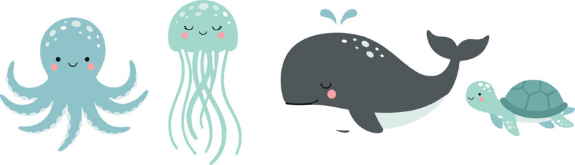 Cute minimal sea animals with whale turtle octopus and jellyfish soft pastel cartoon vector illustration for kids nursery and baby designs © MdNazmul