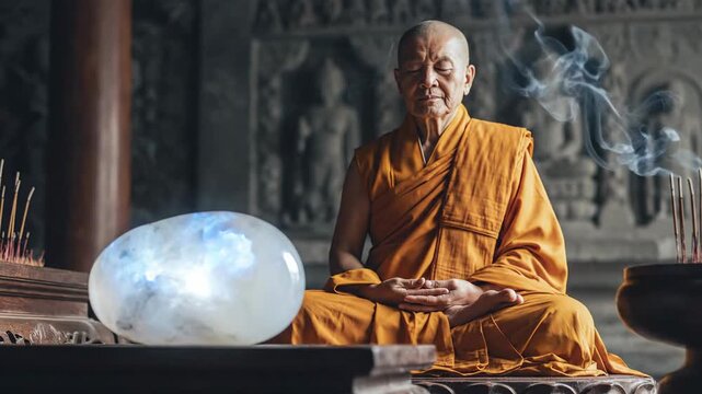 Monk Meditating With Glowing Moonstone Orb