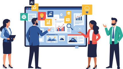 Obraz premium Business professionals collaborating around digital screen with charts, graphs, and AI icons