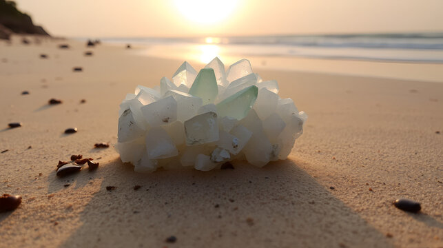 Lustrous Apophyllite crystal cluster from India on wet sand near water on the beach at sunrise. Phyllosilicates.