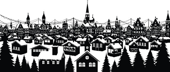 Fototapeta premium Winter village silhouette vector—holiday townscape with pine trees, cabins, church steeple, festive lights for seasonal and cultural themes