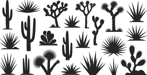 Desert plant silhouettes, cactus vector set, succulent illustration, agave pictograms, Joshua tree icons, black flora shapes, botanical desert design, ecology art © Hey World