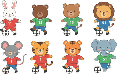 Obraz premium Cute soccer animals cartoon set with bear lion tiger rabbit and elephant playing football playful vector illustration for kids sports designs